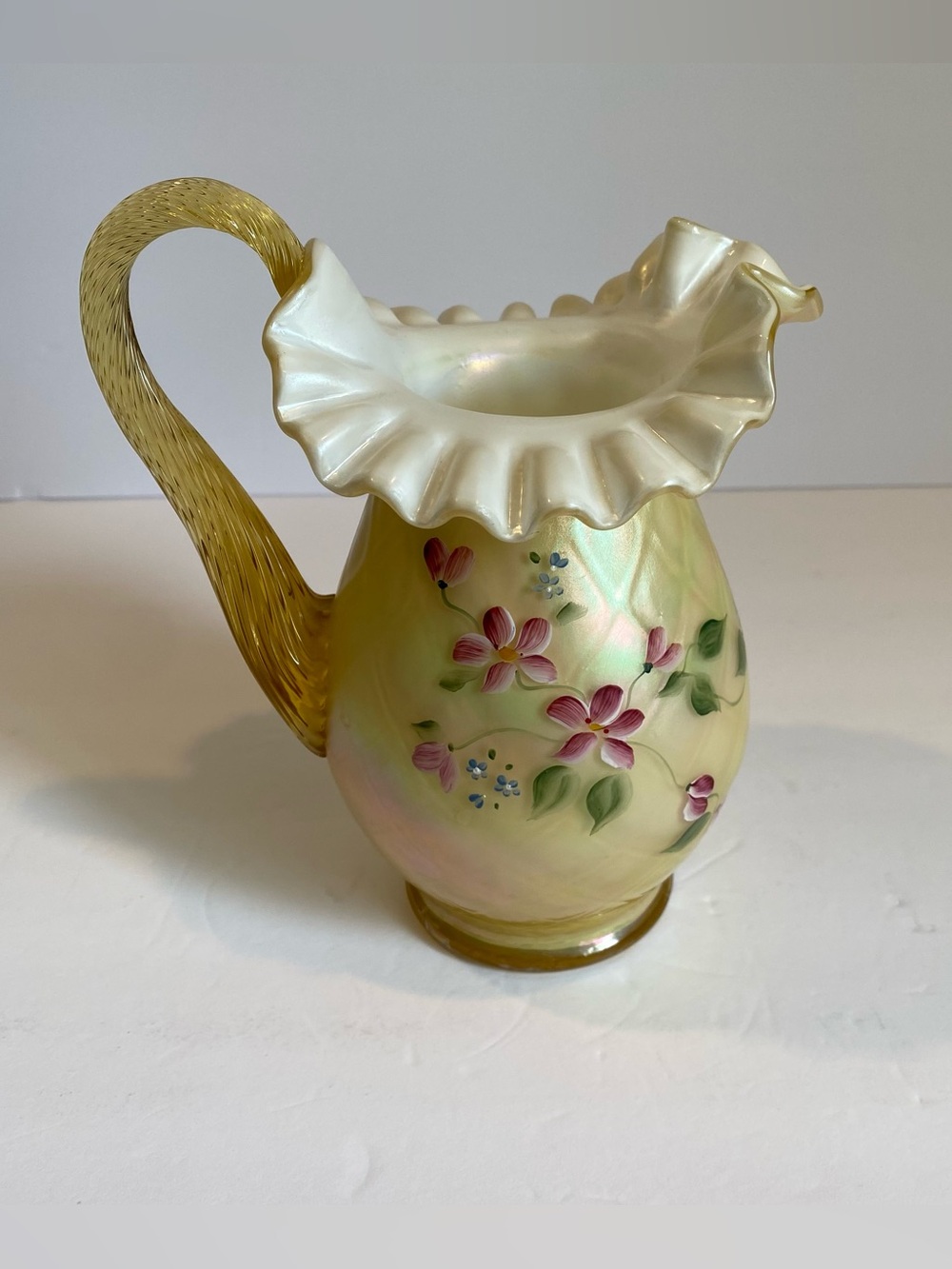 Fenton Honey Gold Iridescent Diamond Optic Cased Glass Artist Signed Pitcher